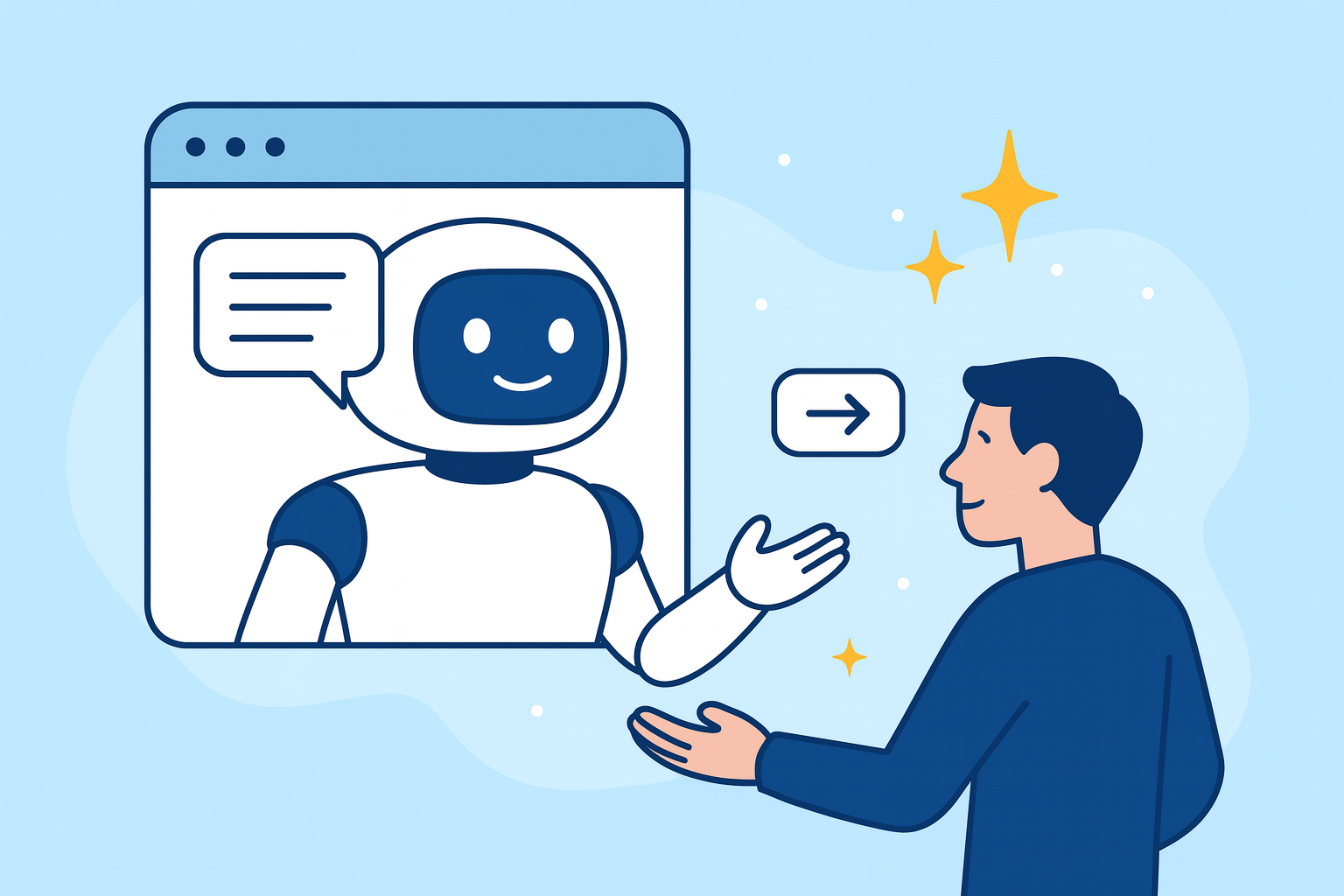 Generert illustrasjon av menneske-robot-interaksjon via dataskjerm, med digitale symboler som piler og stjerner.